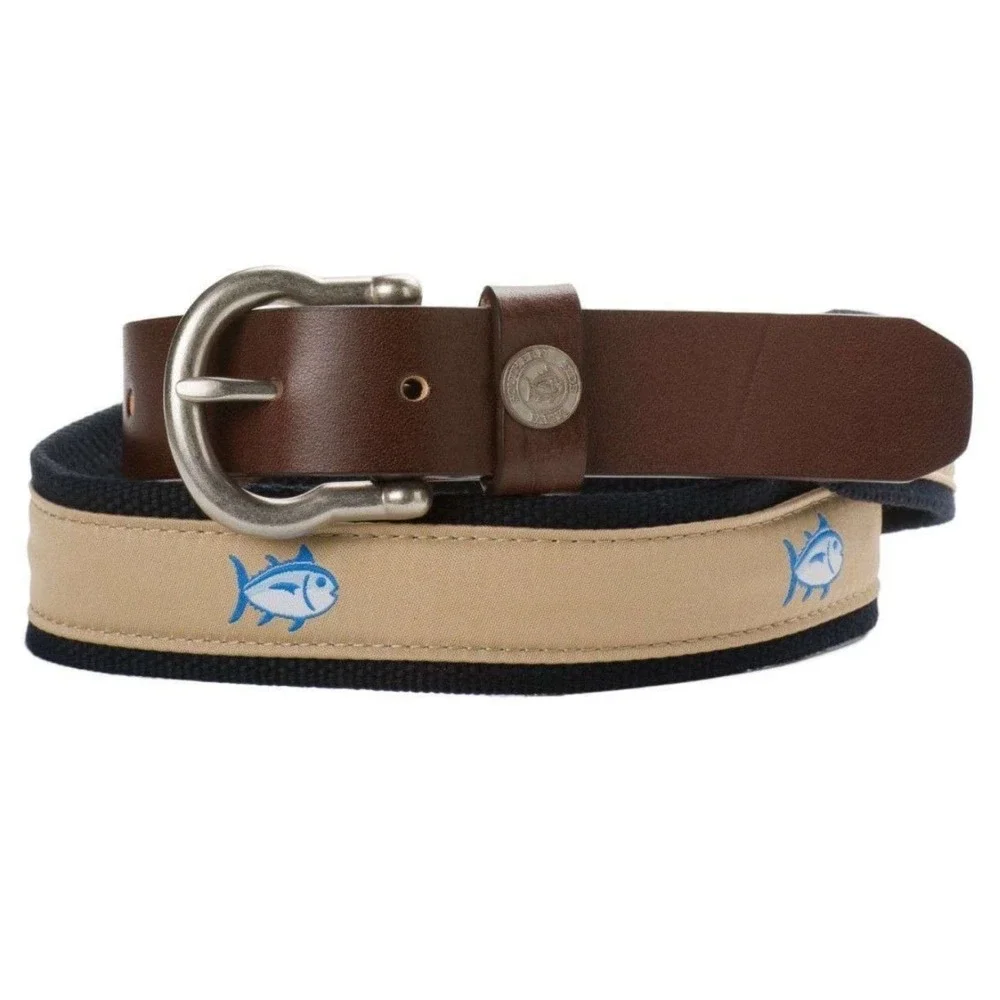 Southern Tide Mens Skipjack Tuna Embroidered Webbed Leather Belt Tan Navy 42